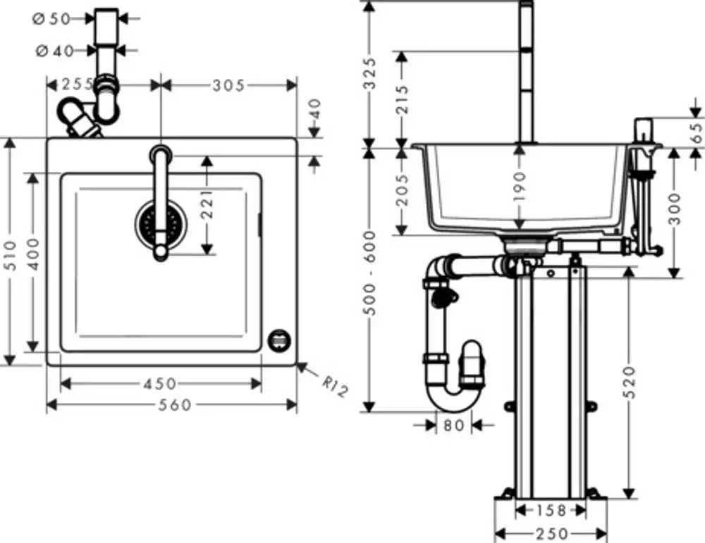 Technische Zeichnung einer Spülenkombination von hansgrohe, Maße in Millimetern angegeben. Draufsicht und Seitenansicht zeigen die Abmessungen von Spüle, Armatur und Unterbau.